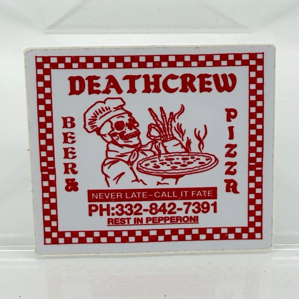 Beer & Pizza Skeleton Chef Promo Sticker Red/White Plastic Rectangle Death Crew